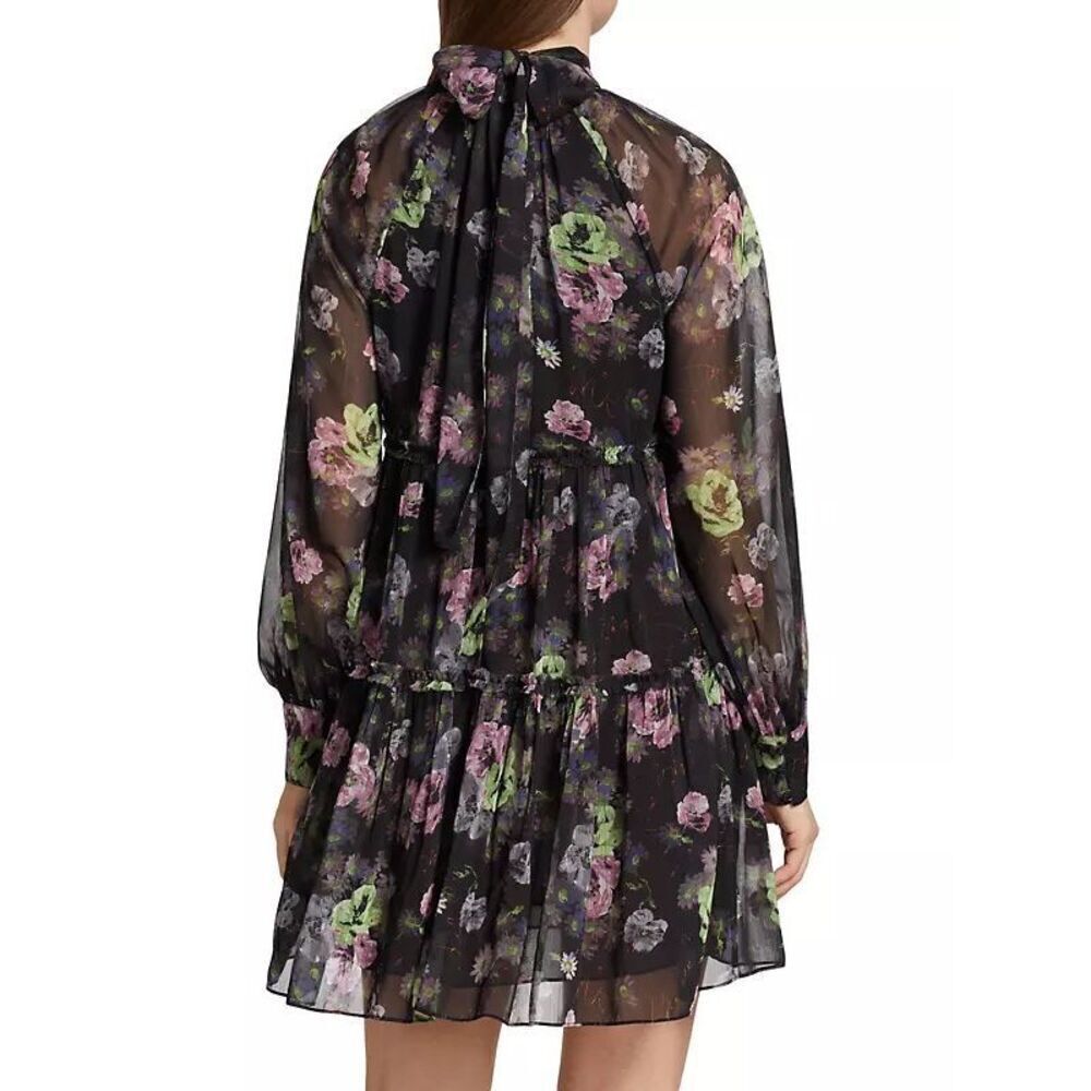 Cinq à Sept Women's Black Multi Revina Floral Gauze Mini Tiered Dress Size 12 NW
